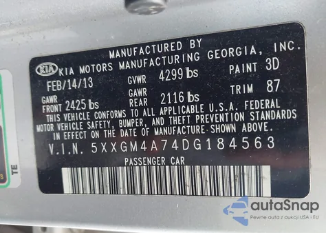 2013 Kia Optima Lx z USA, uszkodzony, nr VIN 5XXGM4A74DG184563